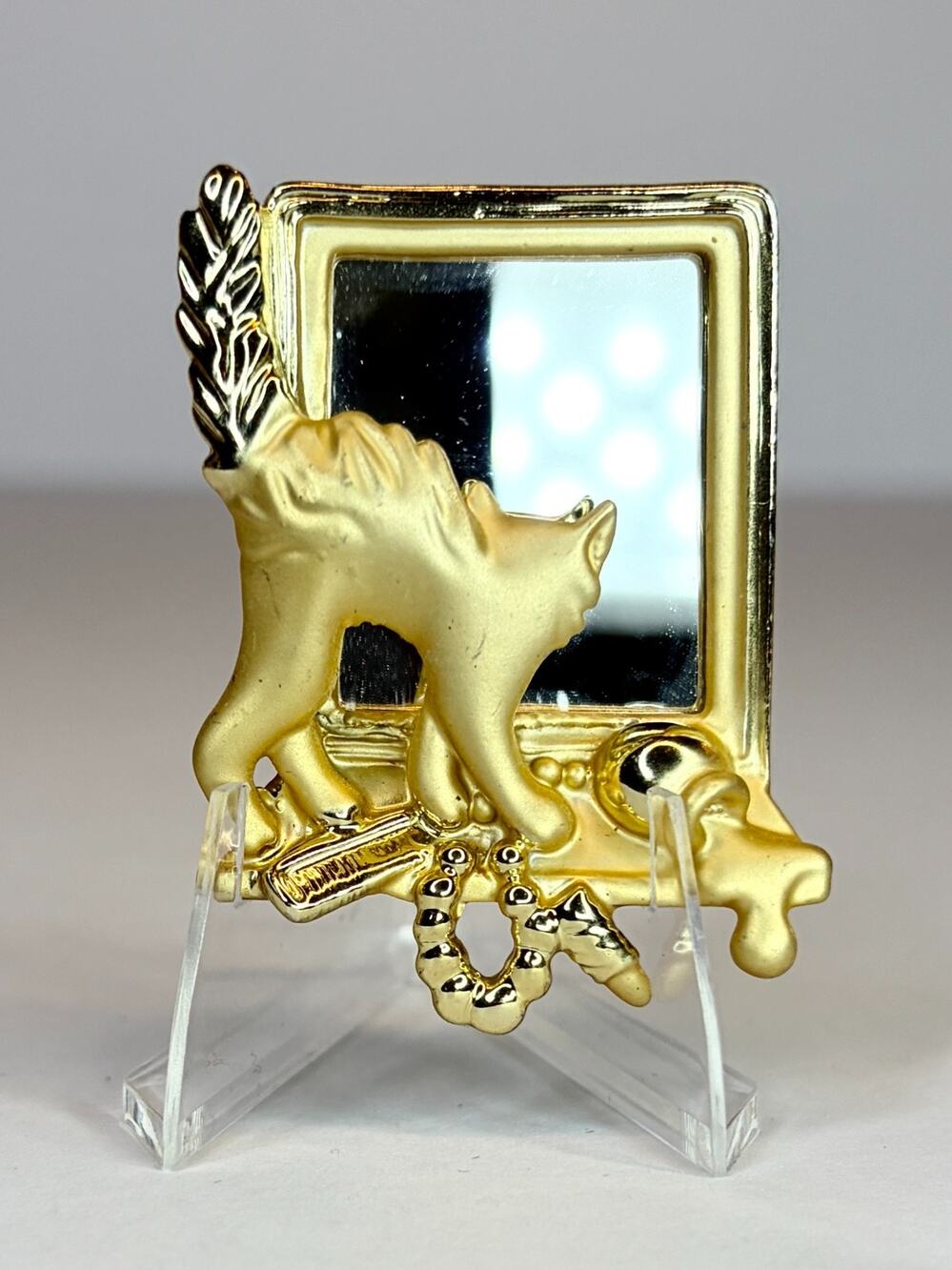 Cat Brooch Figural Mirror Frame Gold Tone Whimsical Kitsch Vintage 1.5" x 2"